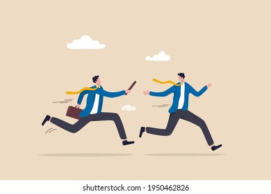Business baton pass, relay, job handover or partnership and teamwork to help winning business concept, businessmen colleagues partner passing baton while running at full speed to achieve success.