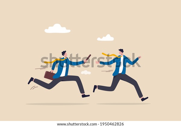 Business baton pass, relay, job handover or\
partnership and teamwork to help winning business concept,\
businessmen colleagues partner passing baton while running at full\
speed to achieve\
success.