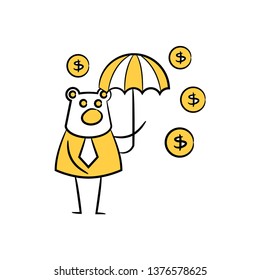 business bear holding umbrella and money falling yellow doodle theme