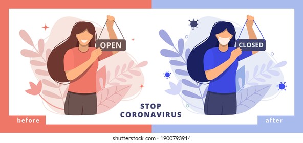 Business before and after covid-19 pandemic.We are open sign.Sorry We are closed.Outbreak financial crisis vector illustration.Reopen restaurant,cafe,shop,store.Welcome back after pandemic.