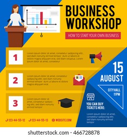 Business beginners training workshop announcement with concise program date and time flat colorful poster abstract vector illustration