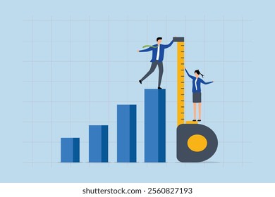 Business benchmark measurement, Businessman and woman assist with a measuring tape to gauge bar graph dimensions. 