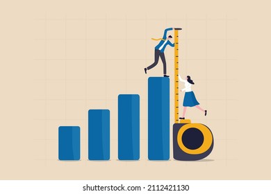 Business benchmark measurement, KPI, key performance indicator to evaluate success, improvement or business growth concept, businessman and woman help using measuring tape to measure bar graph.