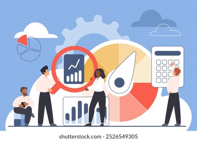 Medición de puntos de referencia de negocio, KPI, análisis de indicadores clave de rendimiento y procedimiento de evaluación de calidad. Personas pequeñas miden informes de cartas estratégicas con Ilustración vectorial de dibujos animados con lupa