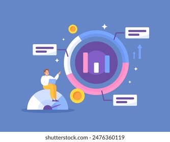 business benchmarking concept. review, check and compare company or business data. analyze and read data. business benchmarks. illustration concept design. graphic elements. blue background