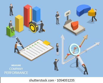 Business benchmarking flat isometric vector. Group of people are measuring company performance.