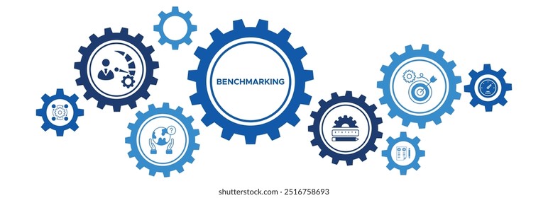 Conceito de ilustração de vetor de banner de avaliação comparativa e melhoria de desempenho com medição de processos, pesquisa, comparação, definição de metas e indicadores-chave de desempenho