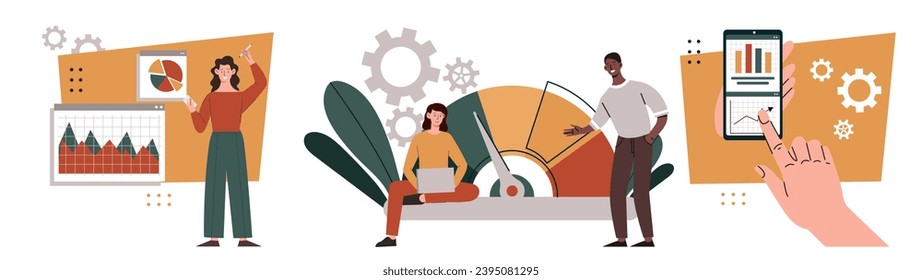 Benchmarking der Unternehmen. Mann und Frauen mit Grafiken und Diagrammen, Anzeiger. Statistiken und Infografiken. Marketinganalyse. Cartoon-FlachVektorgrafik, einzeln auf weißem Hintergrund