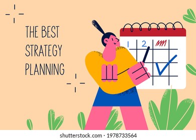 Business best strategy planning concept. Positive woman worker manager cartoon character standing and looking at calendar datas with dates and events for business development vector illustration 