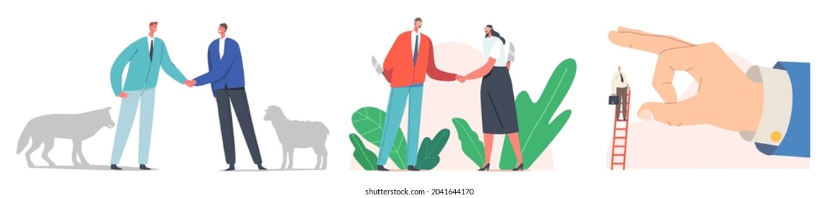 Business Betrayal, Meanness Falsehood Trickery People Concept. Characters with Knives Shaking Hands, Sheep and Wolf Friendship, Huge Finger Throw Off Man from Ladder. Cartoon Vector Illustration