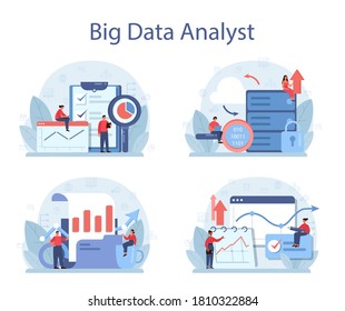 Business big data analysis and analytics concept set. Chart and graph, diagram research. Making report for optimization. Vector flat illustration