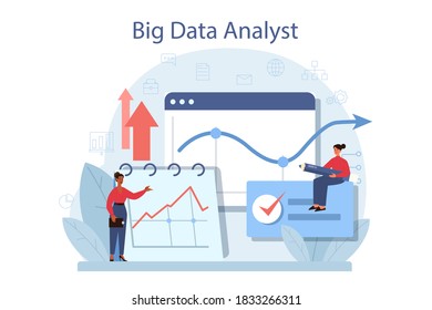 Análisis y análisis de grandes datos empresariales. Gráfico y gráfico, investigación de diagrama. Hacer un informe para la optimización. Ilustración plana del vector