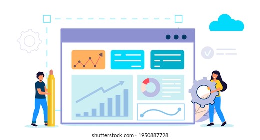 Análisis de grandes datos empresariales, análisis global, informe de investigación financiera, estadísticas de marketing Vector de diseño plano Trabajadores de oficina están estudiando la infografía, el análisis de la escala evolutiva