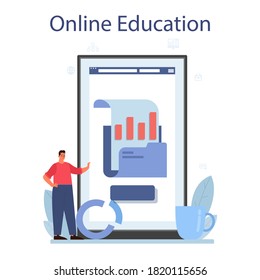 Business big data analysis online service or platform. Chart and graph, diagram research. Making report for optimization. Online education. Vector flat illustration