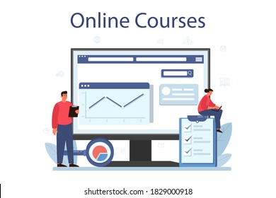 Business big data analysis online service or platform. Chart and graph, diagram research. Making report for optimization. Online course. Vector flat illustration