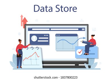 Business big data analysis online service or platform. Chart and graph, diagram research. Making report for optimization. Data store. Vector flat illustration