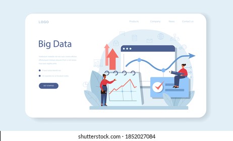 Business big data analysis web banner or landing page. Chart and graph, diagram research. Making report for optimization. Vector flat illustration