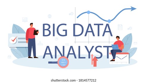 Encabezado tipográfico del analista de grandes datos empresariales. Gráfico y gráfico, investigación de diagrama. Hacer un informe para la optimización. Ilustración plana del vector