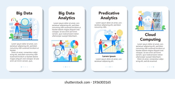 Business big data analytics mobile application banner set. Chart and graph