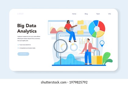 Business big data analytics web banner or landing page. Chart and graph, diagram research, cloud technology. Making report for optimization. Vector flat illustration