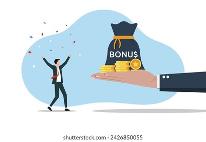 Business big hand giving bonus money to employer, encourage and motivate for the best performance, employee success recognition