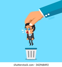 Business big hand throwing a businessman to trash bin