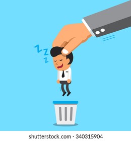 Business big hand throwing a sleeping businessman to trash bin