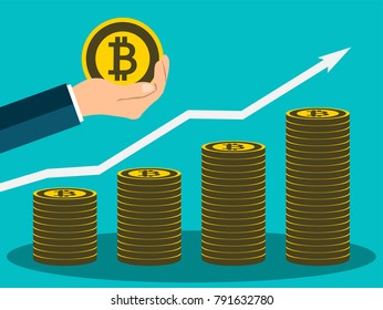 Business Bitcoin concept growth chart hand holding.Give a medal bitcoin
