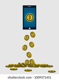 Business Bitcoin concept.Gold coin drop from the phone screen.vector illustration