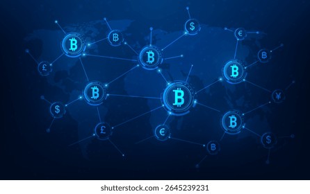 business bitcoin cryptocurrency digital network global technology background. transaction finance money bitcoin online concept. vector illustration fantastic.