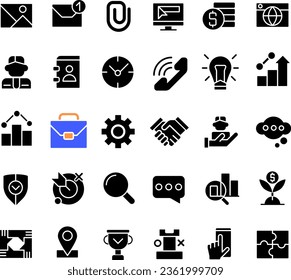 Business black glyph icons set on white space. Commerce and finance. Digitalization and development strategy. Silhouette symbols. Solid pictogram pack. Vector isolated illustration