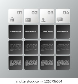 Business black infographics template 4 steps square. Data and information visualization on the grey background.Eps 10 vector file.