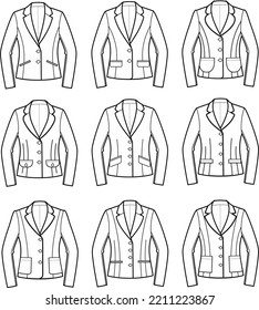 Business blazer flat sketch. Classic jacket apparel design. Front view. Women CAD mockup. Fashion technical drawing template. Vector illustration. 