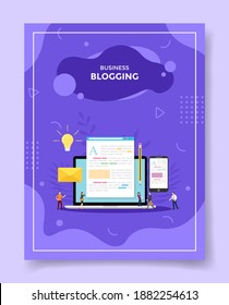 business blogging concept people around laptop article in screen display light bulb smartphone pencil envelope for template of banners, flyer, books cover, magazines with liquid shape style