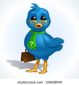 Business blue bird surprised, wearing glasses, a tie and holding a briefcase