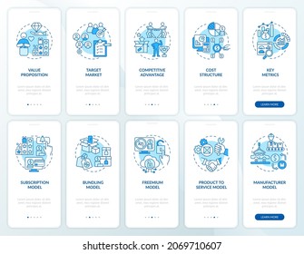 Business blue onboarding mobile app page screen set. Company structure. Enterprise walkthrough 5 steps graphic instructions with concepts. UI, UX, GUI vector template with linear color illustrations