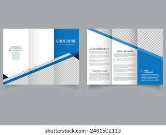 Business Blue trifold leaflet brochure template design, Professional business three fold flyer template, Abstract trifold brochure template,