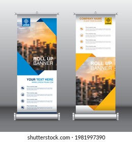 Business blue and yellow roll up banner design vertical vector template, modern design template set, flyer, background vector, brochure,
 x-stand, exhibition display unit, vector illustration - Vector