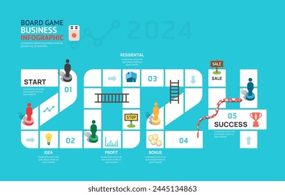 Business board game concept 2024 infographic 5 step to successful,vector illustration