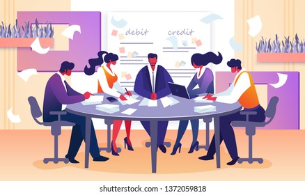 Business Board Meeting Director and Employees in Office. Business People around Table Planning Project and Solving Debit Credit Finance Problems. Brainstorming Group. Cartoon Flat Vector Illustration