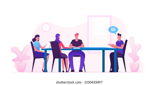 Business Board Meeting of Director and Employees in Office. Businesspeople around Table Planing Start Up Project and Solving Finance Problems. Brainstorming Group. Cartoon Flat Vector Illustration