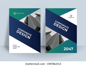 Business book cover design template. Modern corporate concept of annual report design with dark green color theme