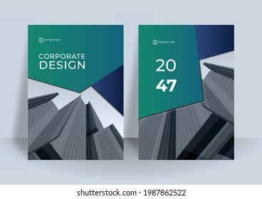Business book cover design template. Modern corporate concept of annual report design with dark green color theme