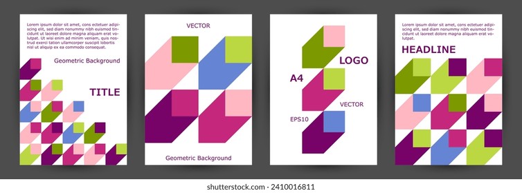 Diseño vectorial de la colección de plantillas de la página principal del folleto comercial. Colección de diseño de página principal moderna de estilo minimalista Eps10. Diseño de la tarjeta A4 de formas geométricas mosaicas