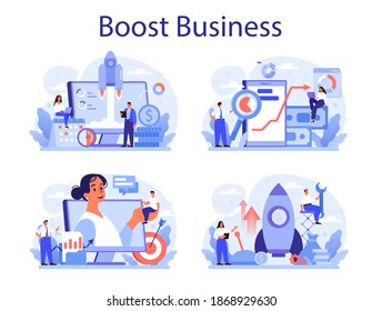 Business boost concept set. Company and personal career success. Busines development and profit increase. Isolated flat vector illustration