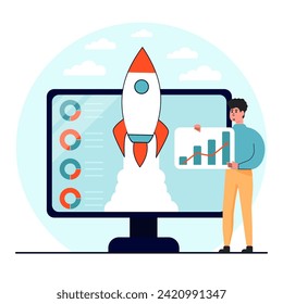 Business Boost. Unternehmensentwicklung und Gewinnsteigerung. Das Zeichen erhöht das Wachstum der Vermögenswerte und zeigt die Richtung des Wachstums an. Vektorgrafik.