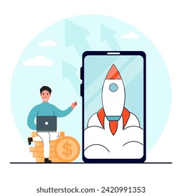 Business boost . Business development and profit increase. The character increases the growth of assets and indicates the direction of growth. Vector illustration.