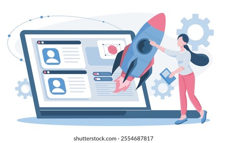 Business boost online. Woman with rocket near laptop. Promotion in social networks and Internet. IPO, initial public offering. Flat vector illustration isolated on white background