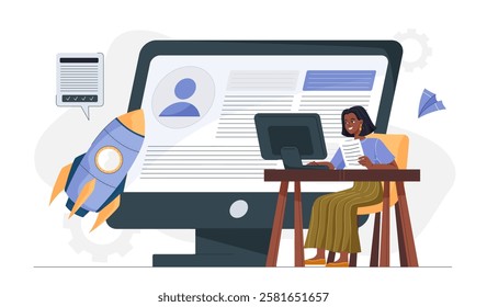 Business boost online. Woman sits at computer near rocket. Aspiring entrepreneur working on business project. Businesswoman with idea at workplace. Flat vector illustration