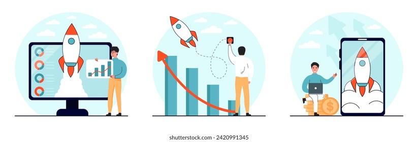 Impulso al negocio. Desarrollo empresarial y aumento de los beneficios. El carácter aumenta el crecimiento de los activos e indica la dirección del crecimiento. Ilustración vectorial.